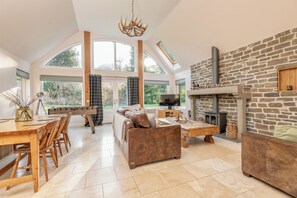 TV, fireplace, foosball, books