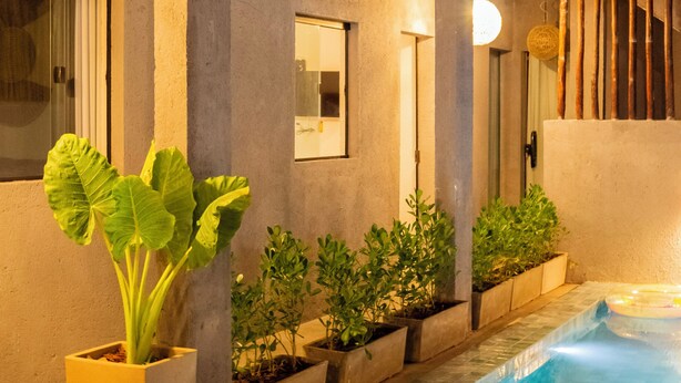 A modern outdoor pool area with a hot tub, surrounded by potted plants and a wooden deck. - Vila Malie Milagres (São Miguel dos Milagres)