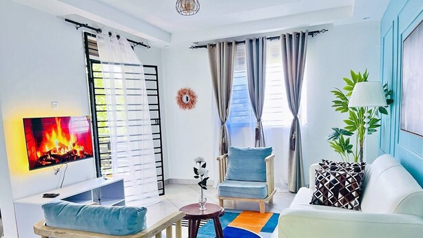 A modern living room with a TV displaying a fireplace, a blue armchair, a white sofa, and a small table with a vase of flowers. - Apartment unit-Pearl Residence (Kampala)