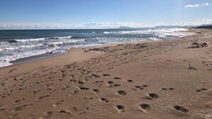 Una playa con huellas en la arena y olas rompiendo sobre la orilla.