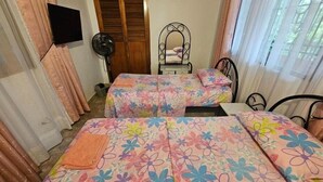 A bedroom with two beds, a wooden door, a TV, and a chair. - Twin Room - 2 single beds (Jagua)