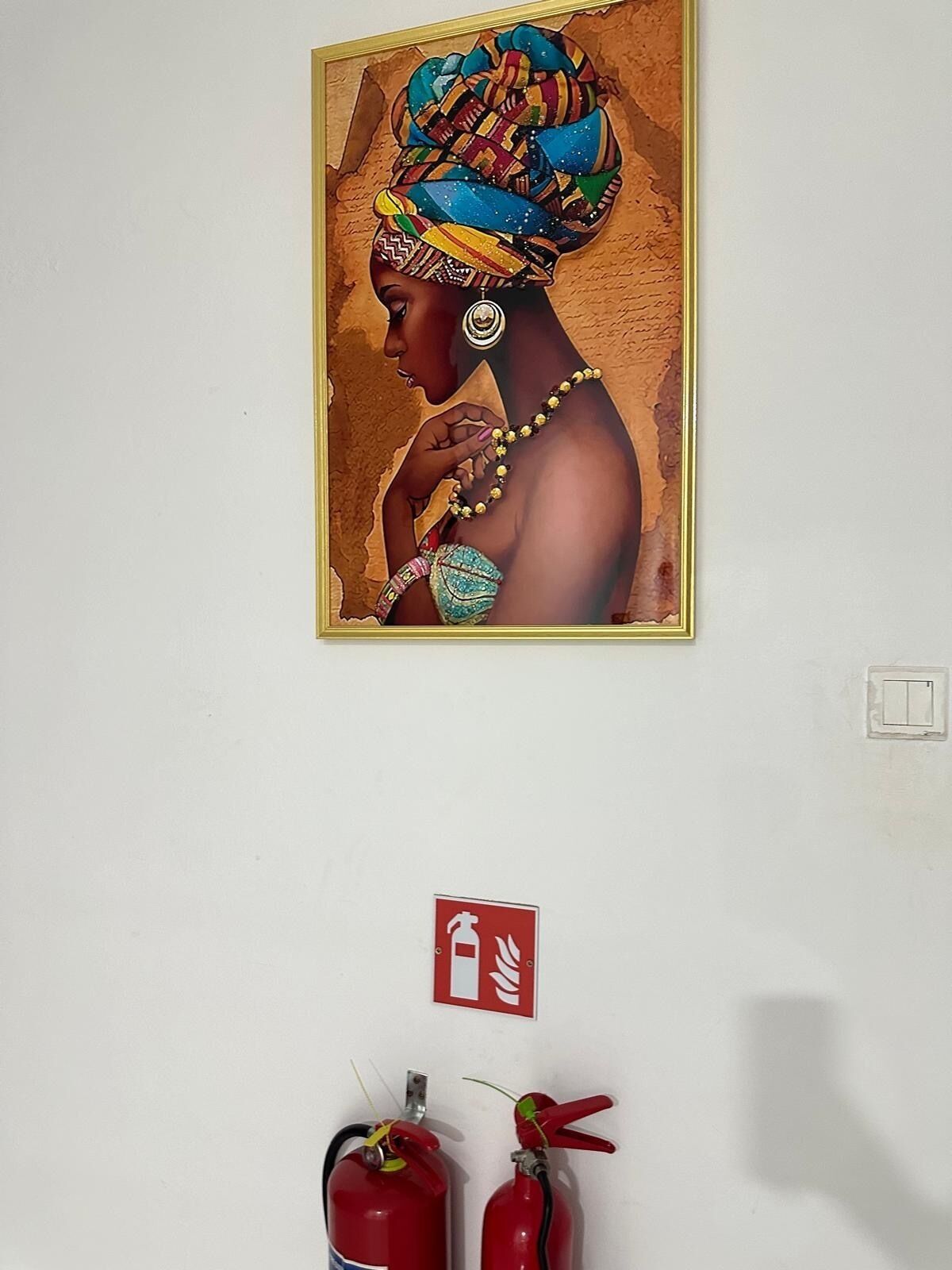 A wall with a framed artwork of a person in traditional attire, a fire exit sign, and two fire extinguishers.