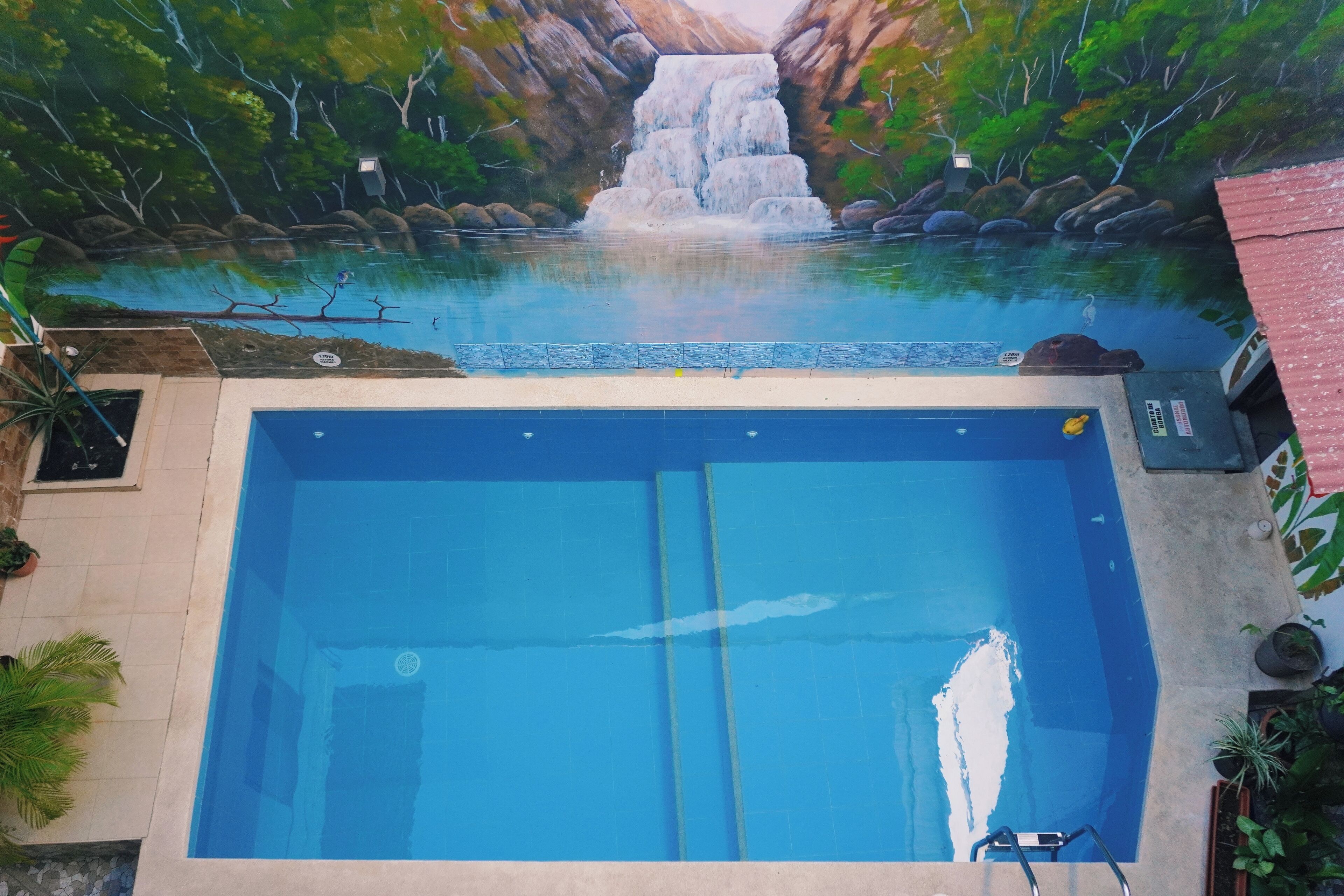Una piscina con un mural que muestra una cascada y árboles.