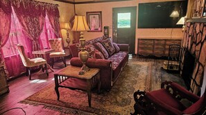 Smart TV, fireplace, books