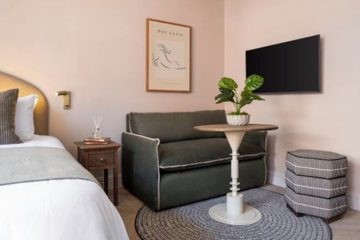 Une chambre d’hôtel moderne avec un lit, un canapé gris, une petite table ronde agrémentée d’une plante, une table d’appoint avec un livre, et un téléviseur noir fixé au mur.