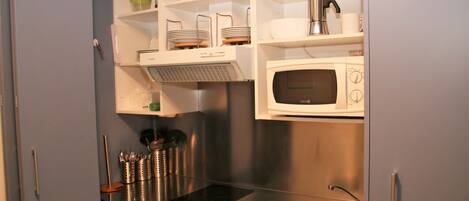 Fridge, microwave, toaster, cookware/dishes/utensils