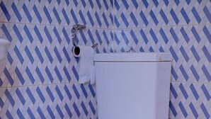 A bathroom with a white toilet, blue and white patterned tiles, and a tiled floor with orange accents. - Prestige villa palace (Kigali)