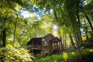 A wooden cabin with a balcony and a staircase leading to the entrance, surrounded by dense forest.