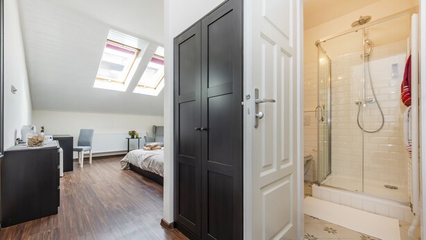 A bedroom with a bed, a desk, and a chair, a dark wardrobe, and a shower area with a glass door. - Prague Legends Pension (Prague)