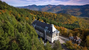 A large, historic building with a symmetrical facade, surrounded by dense forest and mountains in the background. - Domaine de Haslach, The Originals Collection, Résidence de Tourisme (Munster)