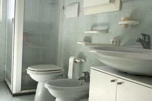 Een douche, een haardroger, een bidet, handdoeken