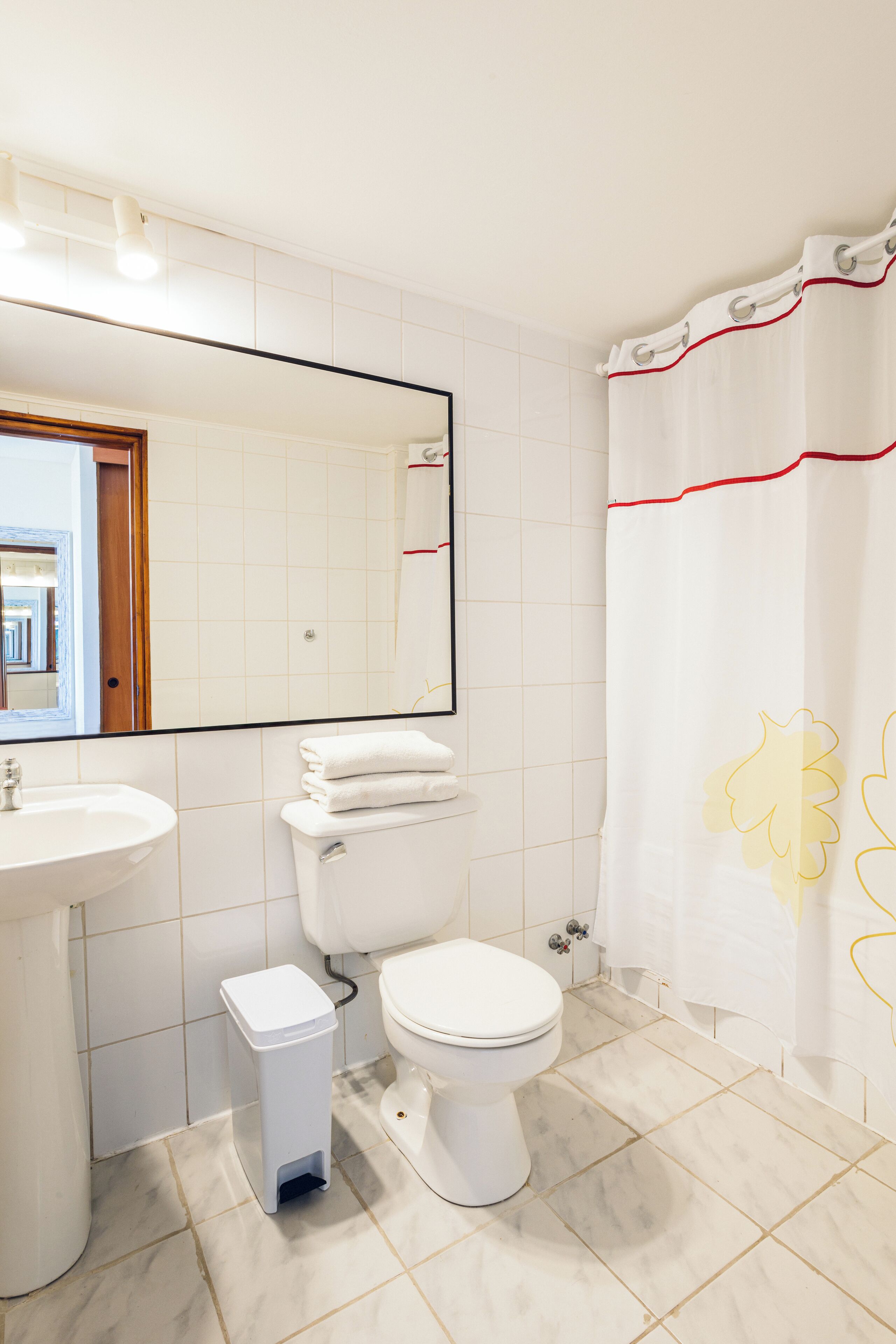 A bathroom with a toilet, sink, and trash bin.