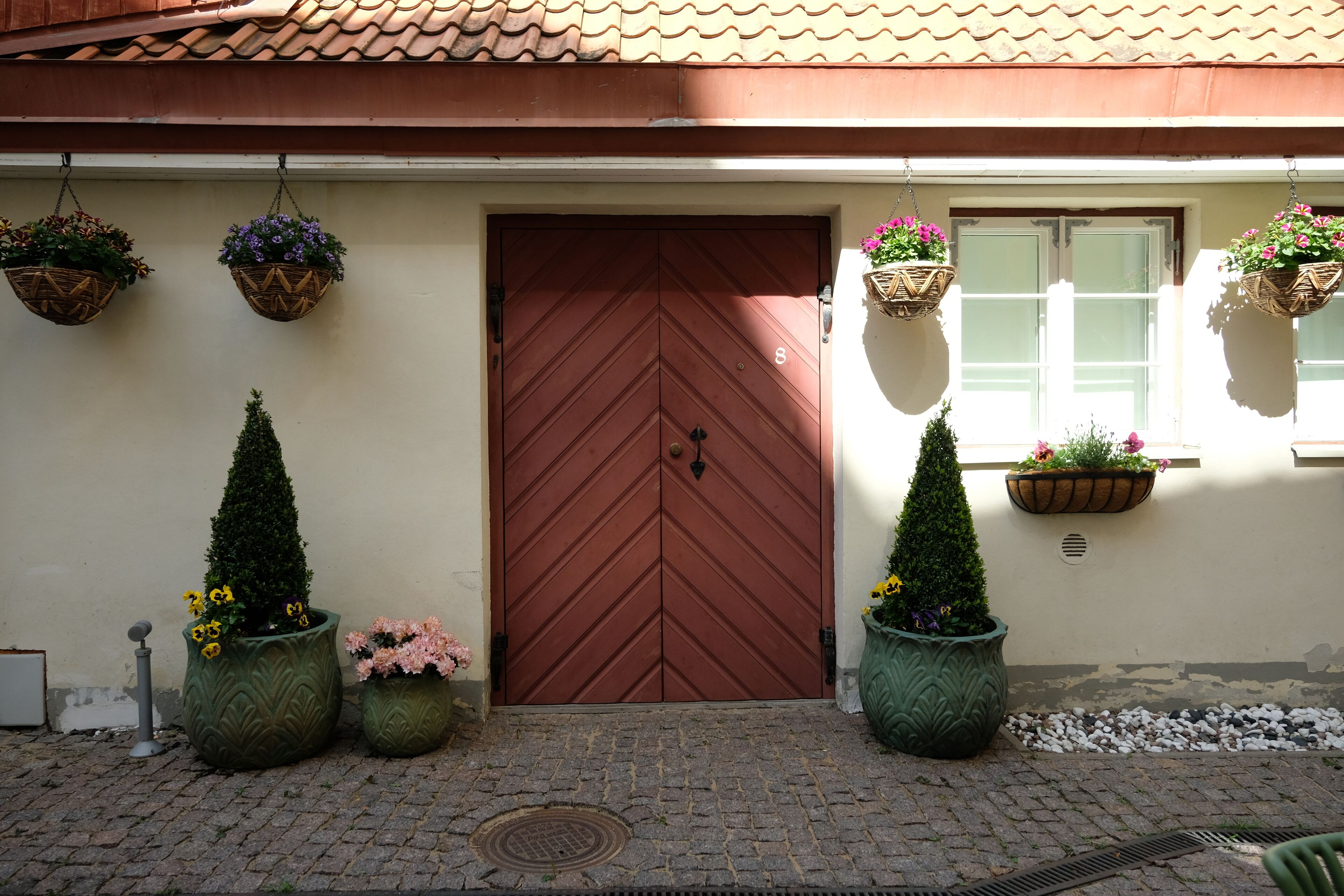 Un bâtiment avec une porte marron, des plantes en pot et des jardinières suspendues.