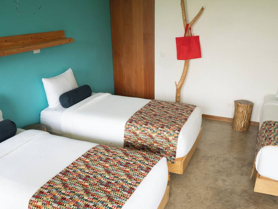 A room with two single beds, a small table, and a red bag hanging on a branch.
