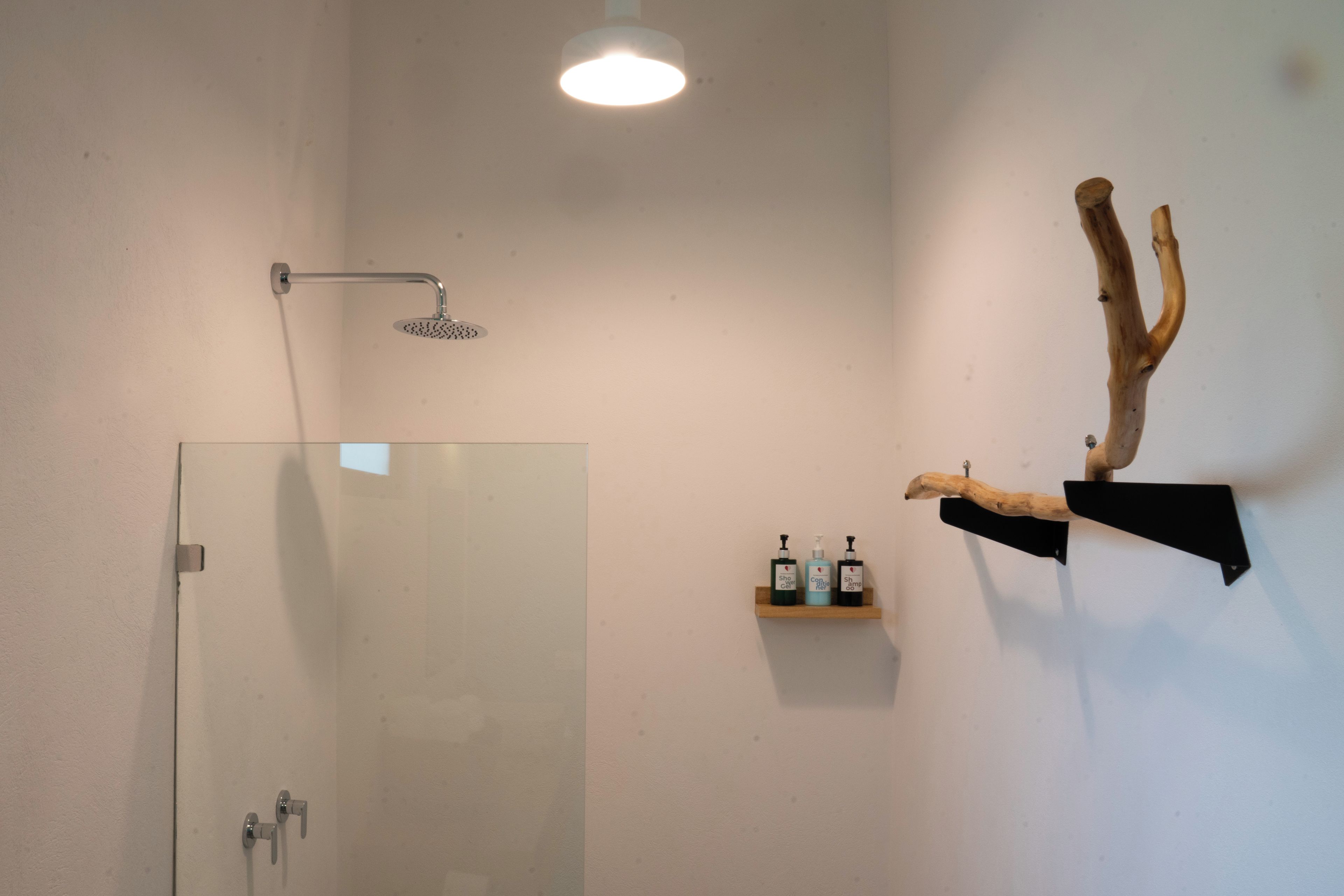 A modern bathroom with a glass shower enclosure, a mounted showerhead, a wooden branch decoration, and a shelf with toiletries.