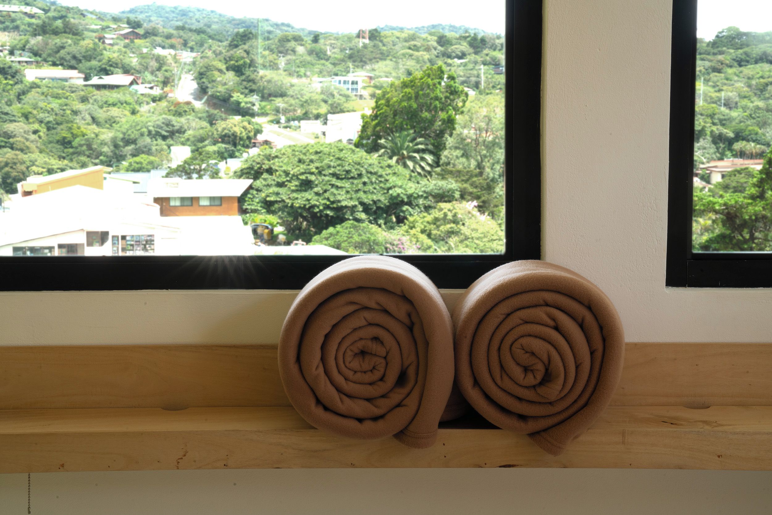 Two rolled towels on a wooden shelf by a window with a view of a green landscape.