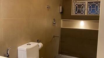 Bathtub, hair dryer, towels, soap