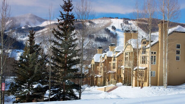 Un edificio cubierto de nieve con una escalera que conduce a la entrada, rodeado de árboles y montañas al fondo.