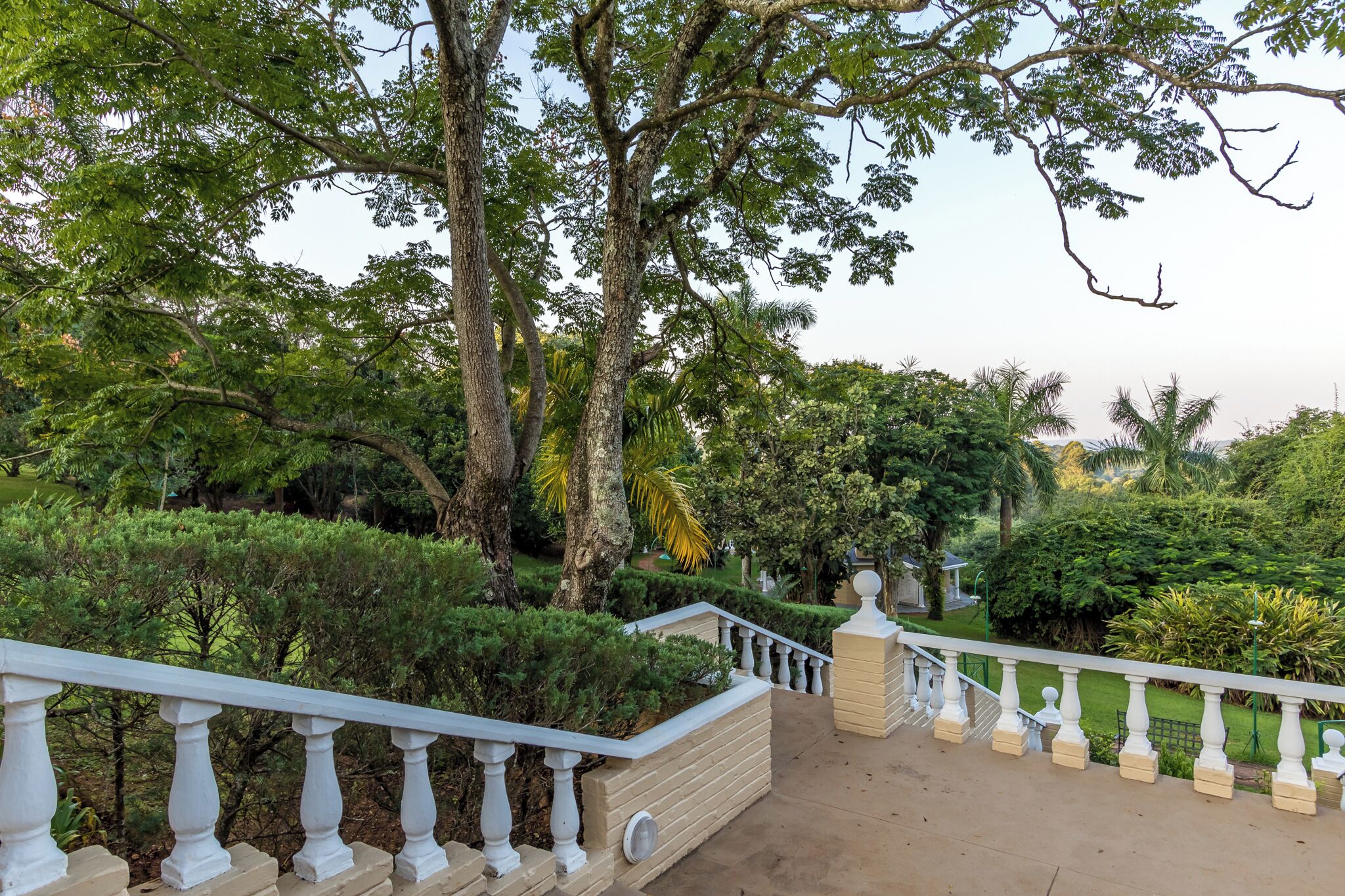 A landscaped garden with a stone staircase and white balustrade.
