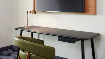 Desk, laptop workspace, blackout curtains, iron/ironing board