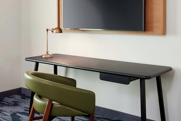 Desk, laptop workspace, blackout curtains, iron/ironing board