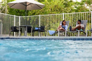 Seasonal outdoor pool, pool umbrellas, sun loungers