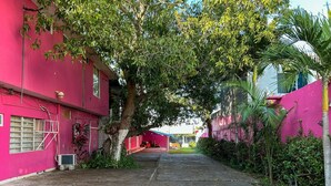 Un estrecho callejón bordeado por edificios de paredes rosadas, que conduce a un edificio con techo rojo.