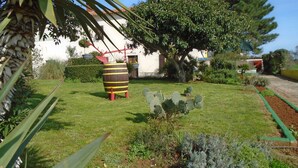 A garden with a cactus, a wooden barrel, and a white building with a red roof. - ROOMS MATEA PULA (Vodnjan)