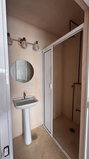 Tweepersoonskamer | Badkamer | Een douche, een haardroger, handdoeken, zeep