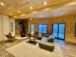 Smart TV, fireplace, table football, books