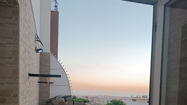 Ein Balkon mit Blumentöpfen, einer Ziegelwand und Blick auf Gebäude in der Ferne.