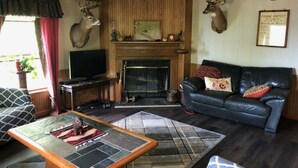A living room with a fireplace, mounted deer heads, a television, and a sofa.
