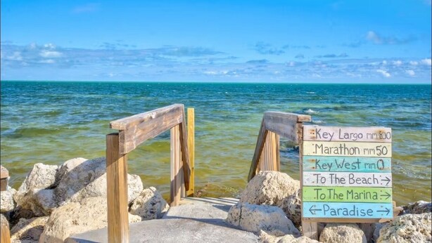 A wooden sign with directions to various locations by the water.