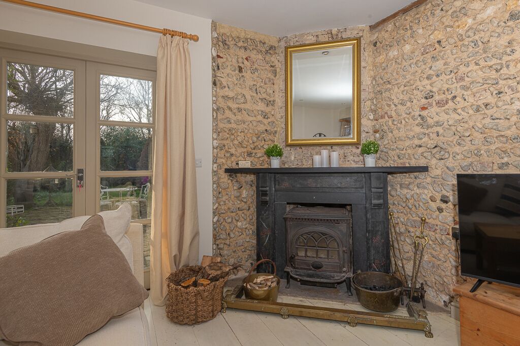 Smart TV, fireplace, books