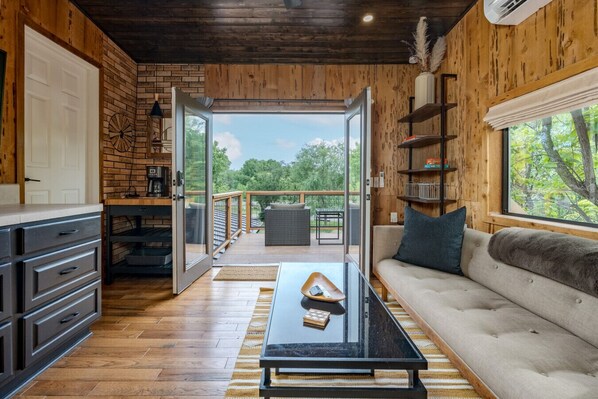 TV, fireplace, books