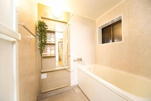 Une salle de bain avec une baignoire, une douche, un miroir et une petite fenêtre.