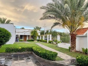 A residential area with a white house, a paved driveway, and a palm tree. - Casita Nodin (Cuatro Ciénegas)
