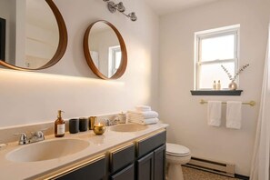 Hair dryer, towels, soap, toilet paper