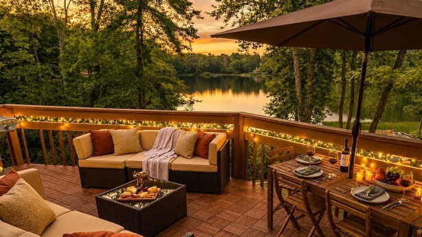 A deck with wicker furniture, a dining table set for two, and a view of a lake.