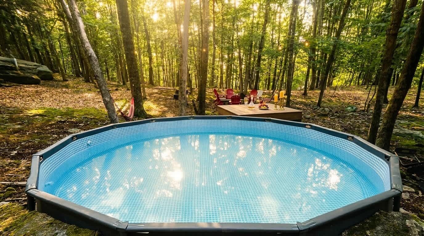 An outdoor swimming pool surrounded by a forest.