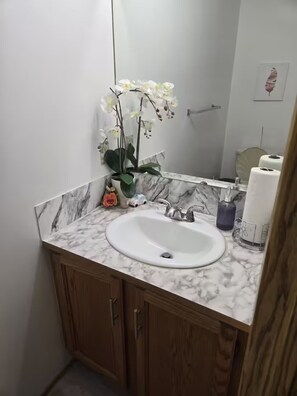 Hair dryer, bidet, towels, soap