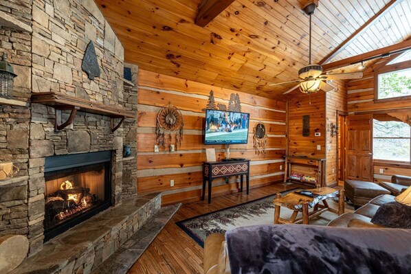 TV, fireplace, DVD player, books - Cherokee Lodge-Pet Friendly, Luxury Log Cabin Rental, Hot Tub, 2 Fireplaces, Fishing- Nantahala NC. (Topton)