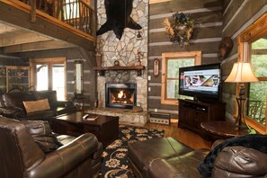 TV, fireplace, DVD player, table football - Water's Edge-Pet Friendly 3 Bedroom, Luxury Log Cabin Rental, Perfect for Families, Outdoor Entertaining, Hot Tub, Fireplace, 30 Minutes to Great Smoky Mountains-Nantahala NC (Topton)