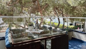 A balcony with a glass table, wicker chairs, a potted plant, and a bottle of champagne.