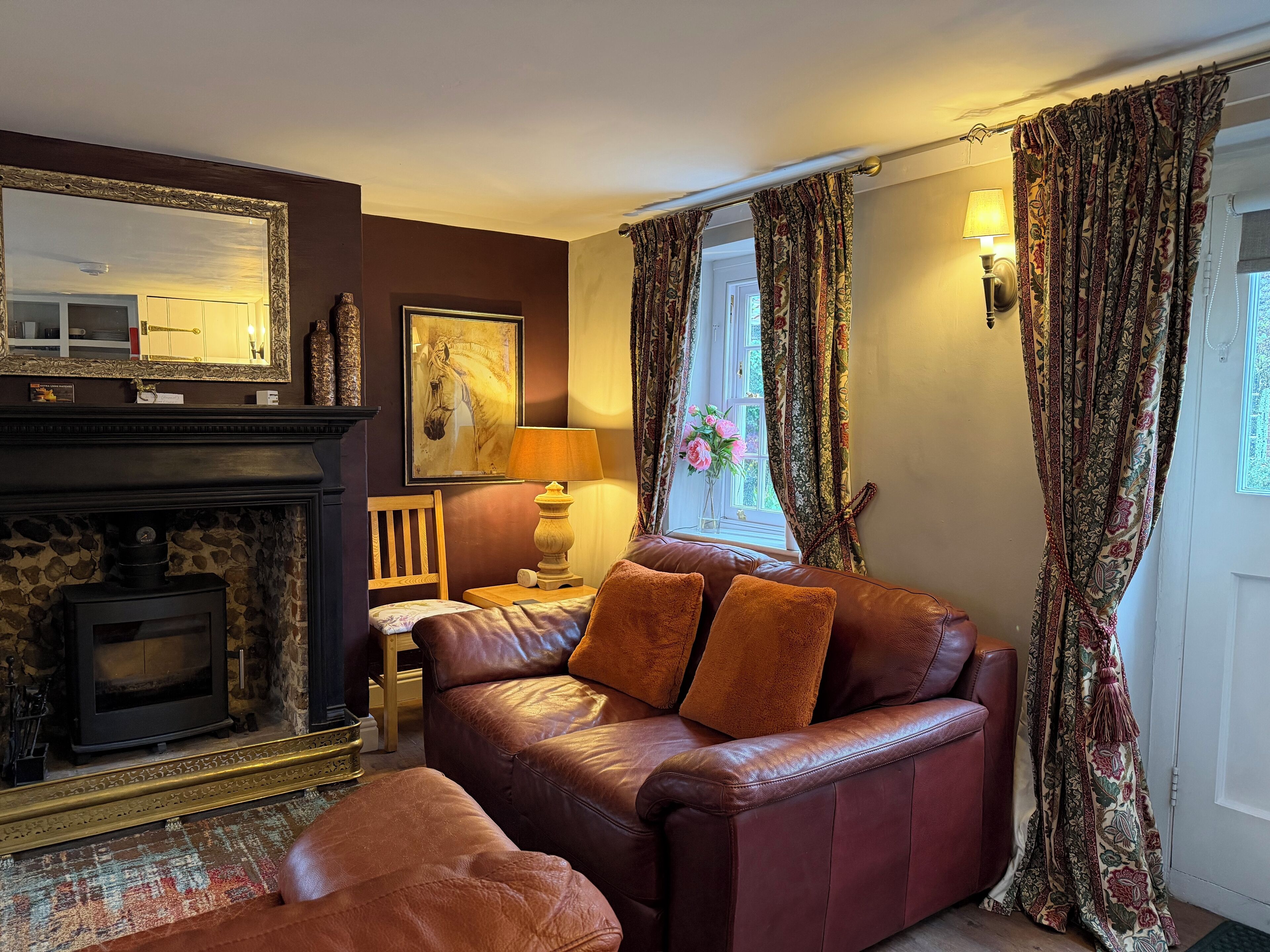 Smart TV, fireplace, books