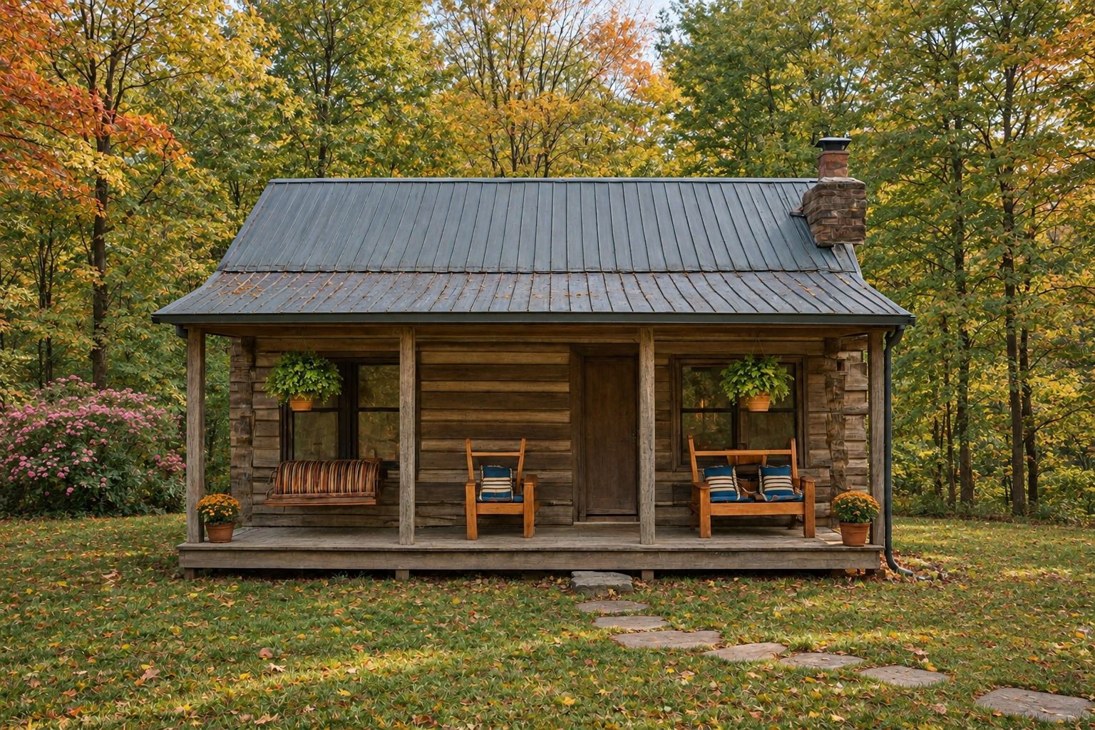 Une cabane rustique dotée d’un porche, de deux bancs en bois et d’une cheminée.