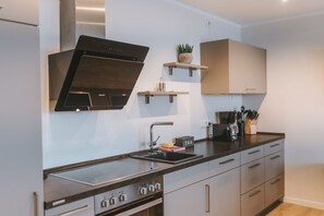 Fridge, microwave, oven, stovetop - Vacation apartment Schneeglück for 10 people with large terrace (Winterberg)