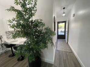 Ein Flur mit einem Blumentopf, ein Essbereich mit Tisch und Stühlen, ein Teppich und eine Tür, die nach draußen führt.