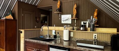 Fridge, microwave, coffee/tea maker, electric kettle