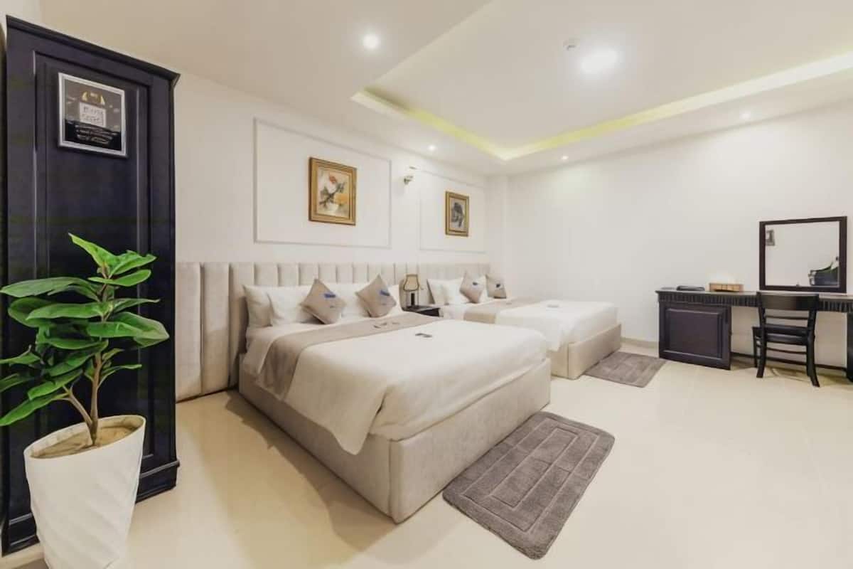 A bedroom with two beds, a desk, a chair, and a potted plant.